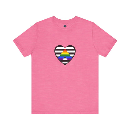Heart Ally Flag T-Shirt – Subtle LGBTQ+ Support with Bold Pride in heather charity pink, showcasing a bright straight ally heart design on a soft and supportive color.