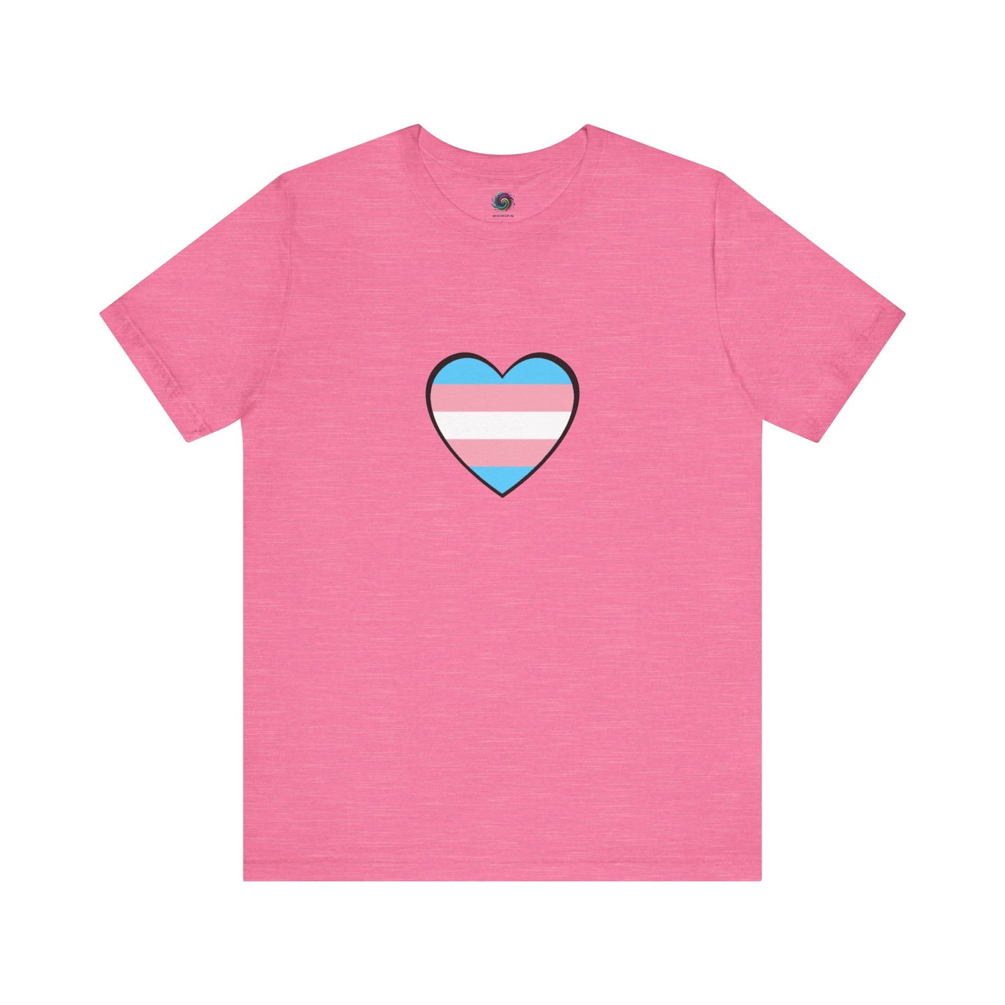 Transgender Pride Flag Heart T-Shirt – LGBTQ+ Trans Flag Graphic Tee in heather charity pink, perfect for celebrating trans identity with a heartfelt flag design.