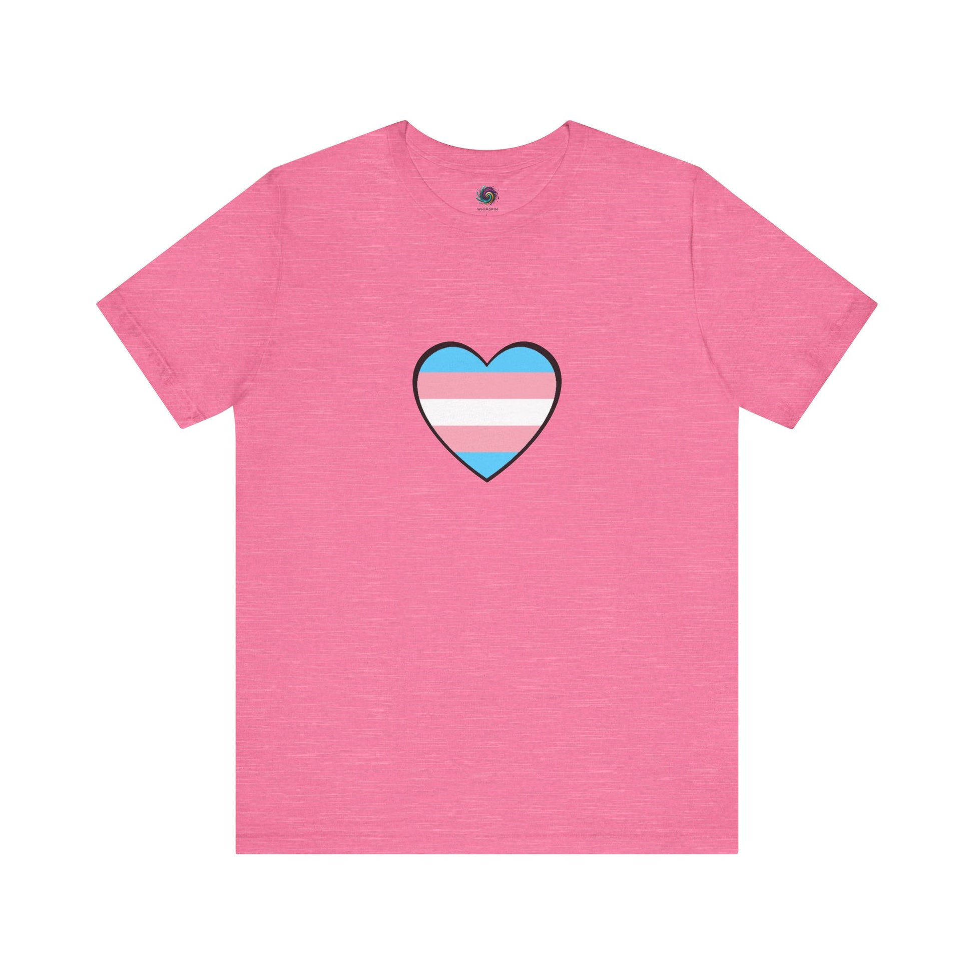 Transgender Pride Flag Heart T-Shirt – LGBTQ+ Trans Flag Graphic Tee in heather charity pink, perfect for celebrating trans identity with a heartfelt flag design.