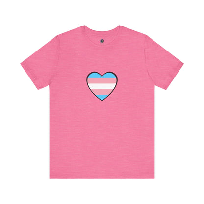 Transgender Pride Flag Heart T-Shirt – LGBTQ+ Trans Flag Graphic Tee in heather charity pink, perfect for celebrating trans identity with a heartfelt flag design.