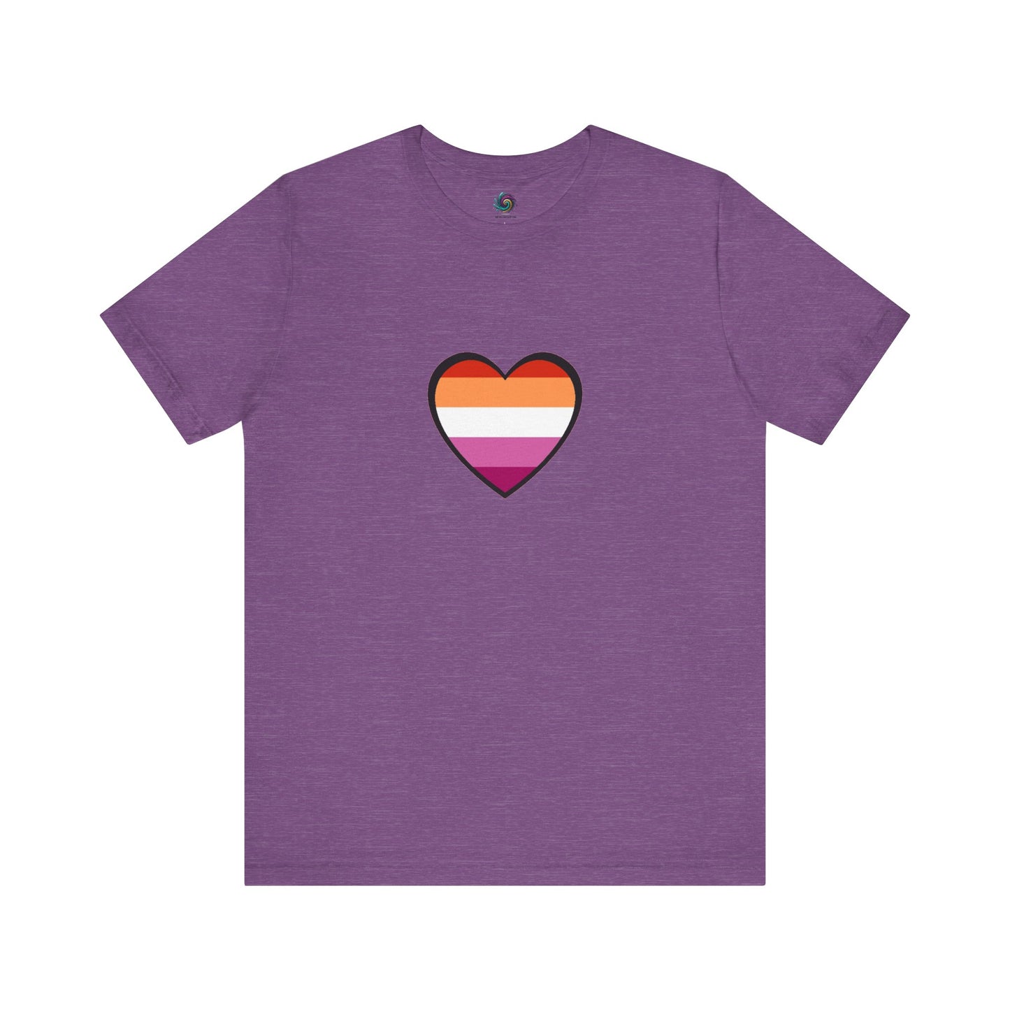 Lesbian Pride Flag Heart T-Shirt – Bold LGBTQ+ Graphic Tee in heather team purple, combining softness and strength with a central lesbian flag heart.