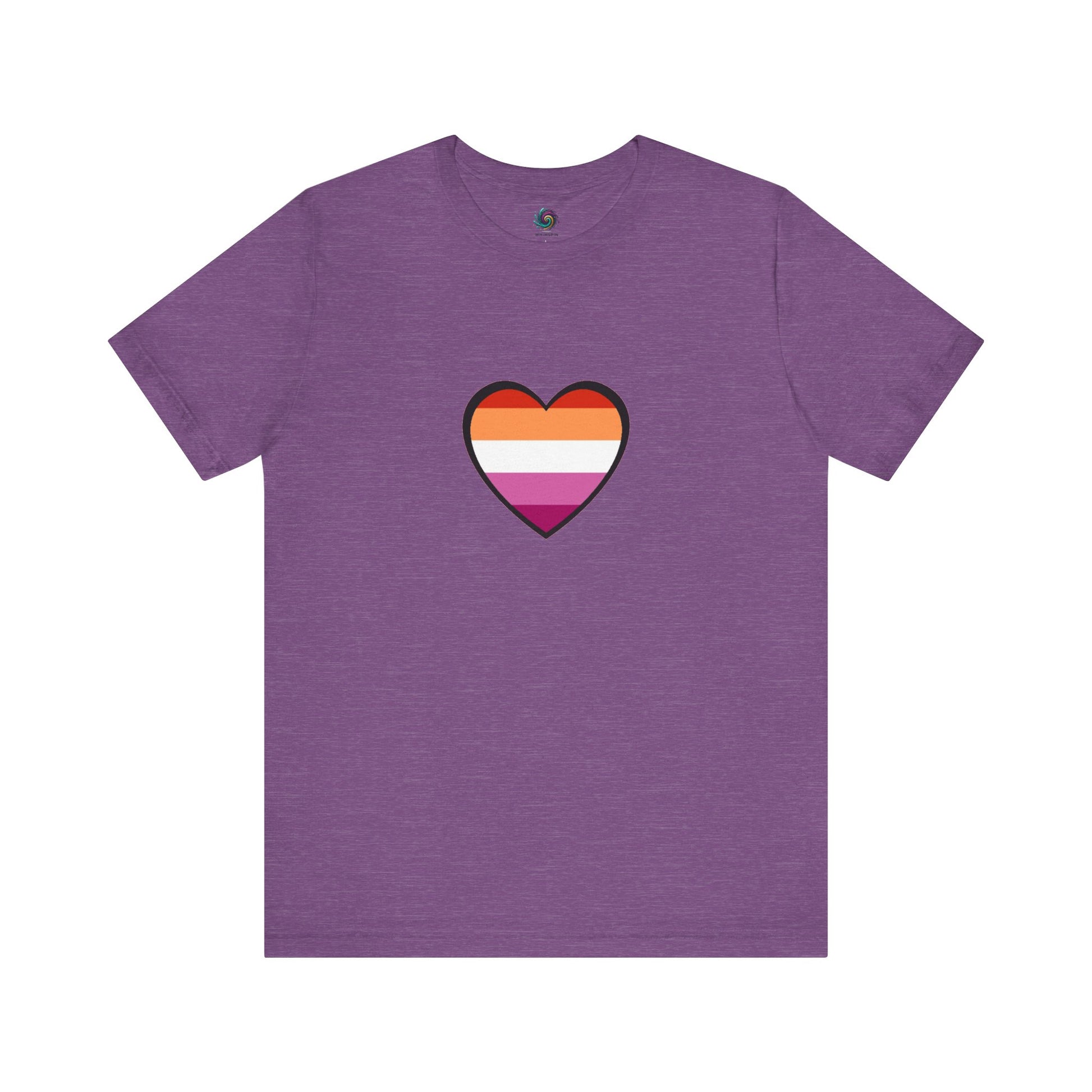 Lesbian Pride Flag Heart T-Shirt – Bold LGBTQ+ Graphic Tee in heather team purple, combining softness and strength with a central lesbian flag heart.