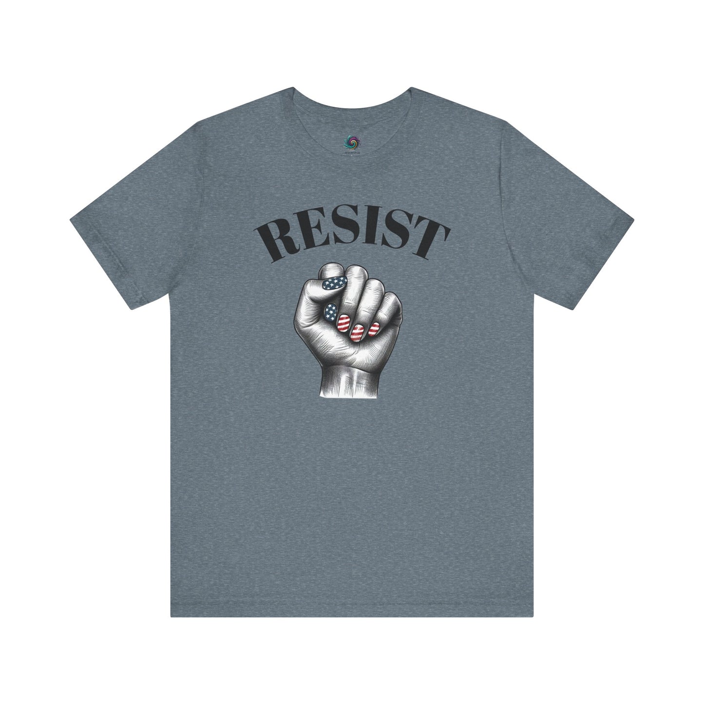 Resist Feminist Power Fist Tee in heather slate, muted tones meet bold message for everyday activism.