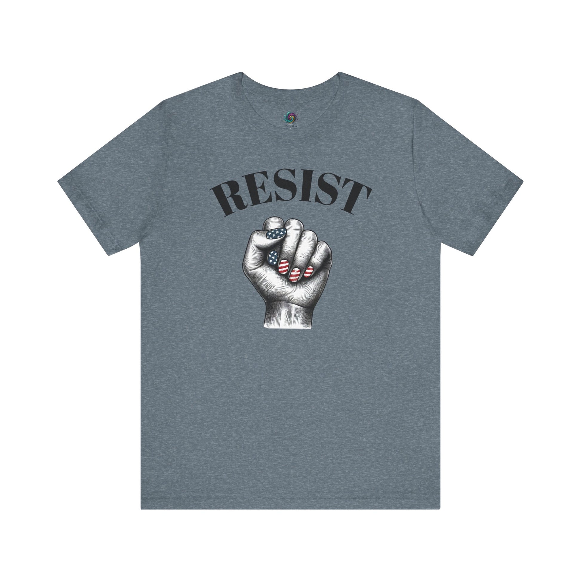 Resist Feminist Power Fist Tee in heather slate, muted tones meet bold message for everyday activism.