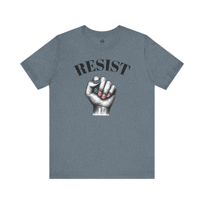 Resist Feminist Power Fist Tee in heather slate, muted tones meet bold message for everyday activism.