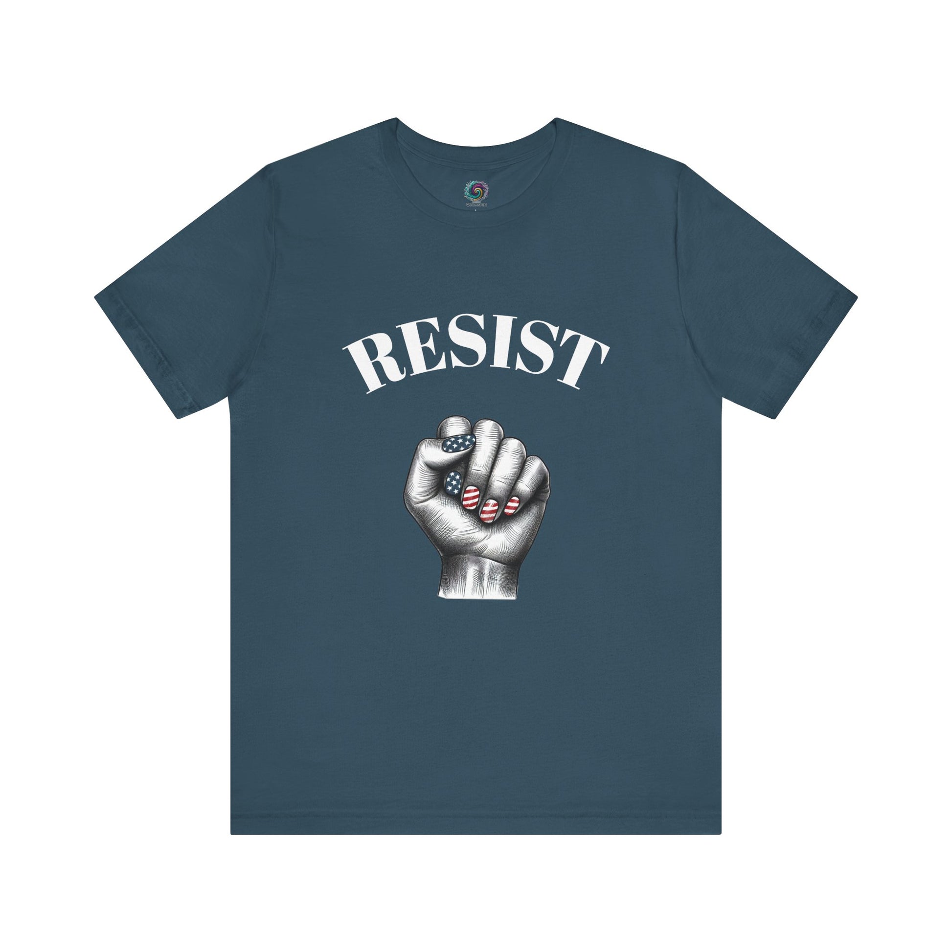 Resist Feminist Power Fist Tee in deep teal, perfect for showing bold patriotic resistance in rich, cool tones.