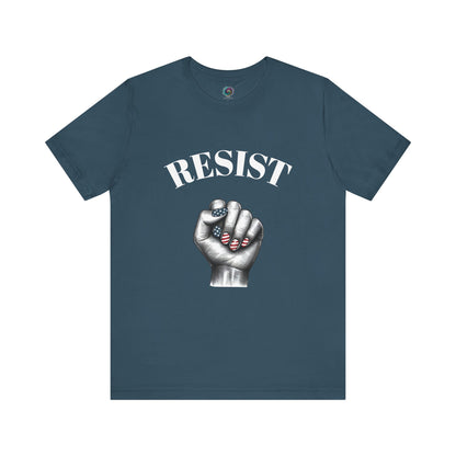 Resist Feminist Power Fist Tee in deep teal, perfect for showing bold patriotic resistance in rich, cool tones.