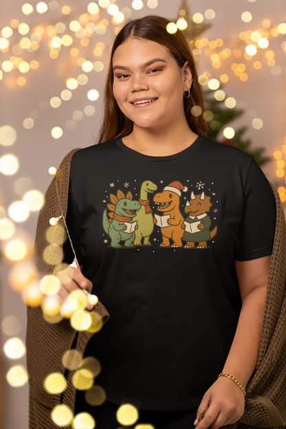 Dinosaur Carolers T-Shirt – Cute Dino Christmas Singing Tee in black with holiday bokeh and dinosaurs singing carols