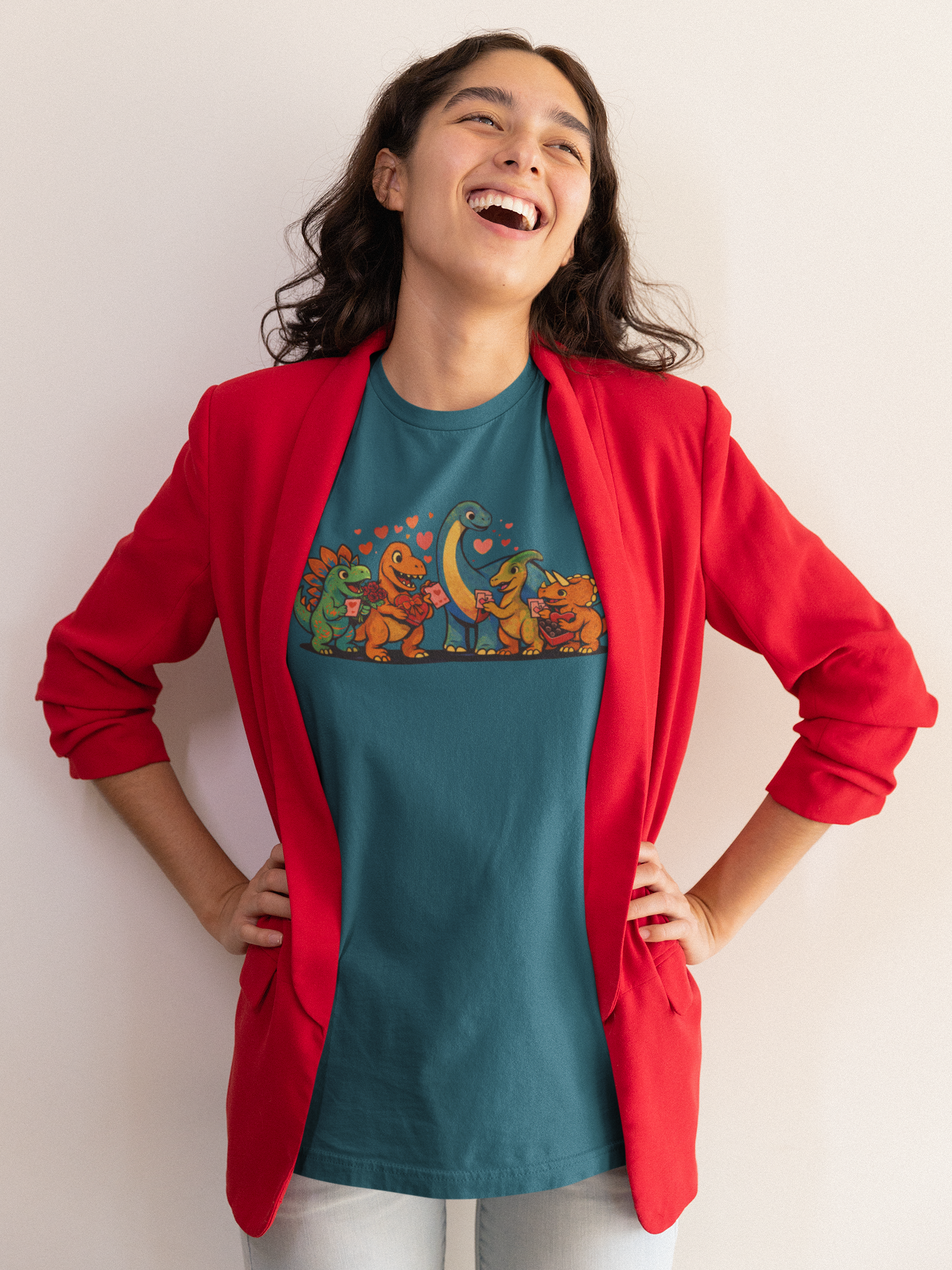 Dinosaur Valentines T-Shirt – Cute Dino Valentine’s Day Tee modeled in a joyful Valentine setting, showcasing cute dinosaurs and heart details perfect for dinosaur valentines fans