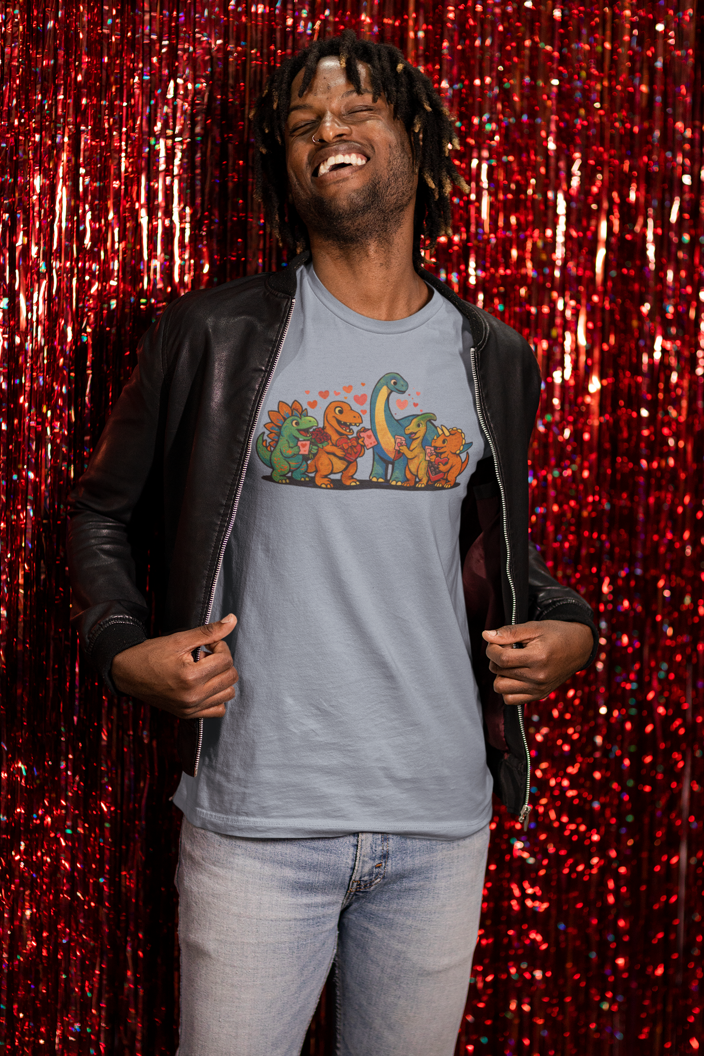 Dinosaur Valentines T-Shirt – Cute Dino Valentine’s Day Tee featured in a celebratory Valentine’s Day photoshoot highlighting friendly dinosaurs and love-themed details