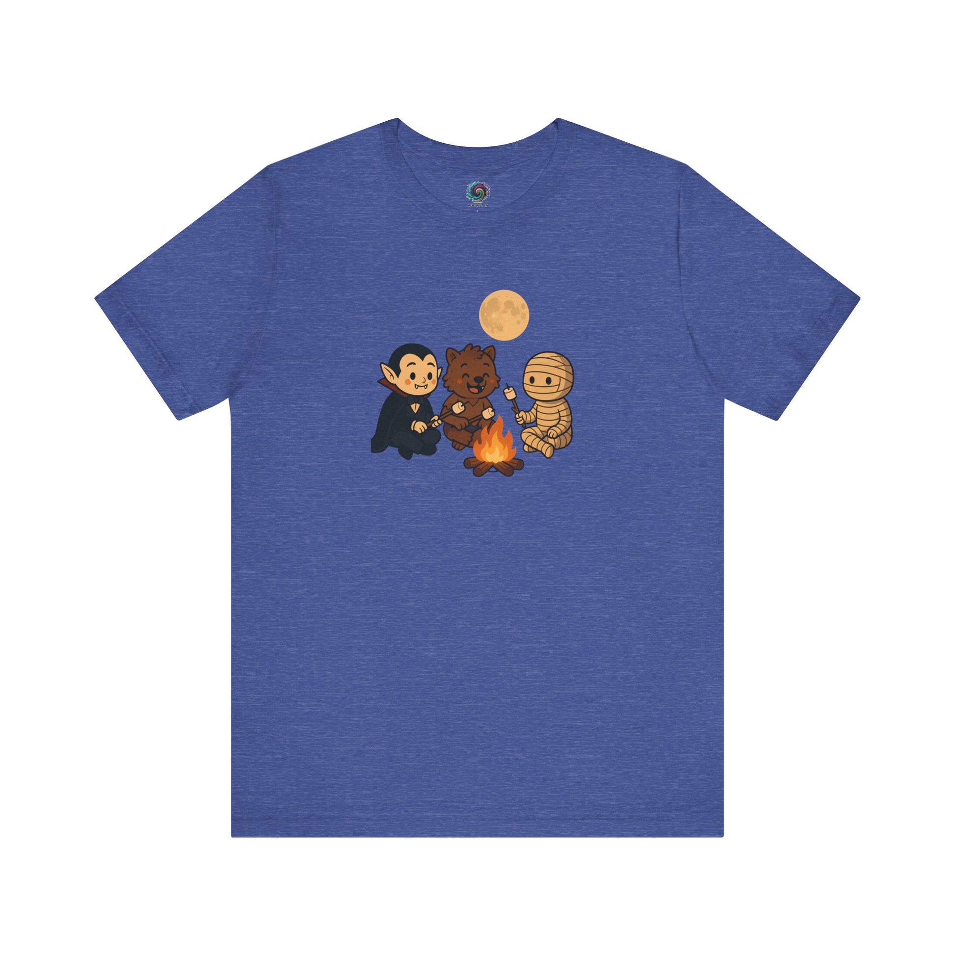 Halloween Monsters Campfire T-Shirt in heather true royal featuring cute Halloween creatures having a campfire snack in spooky season style.