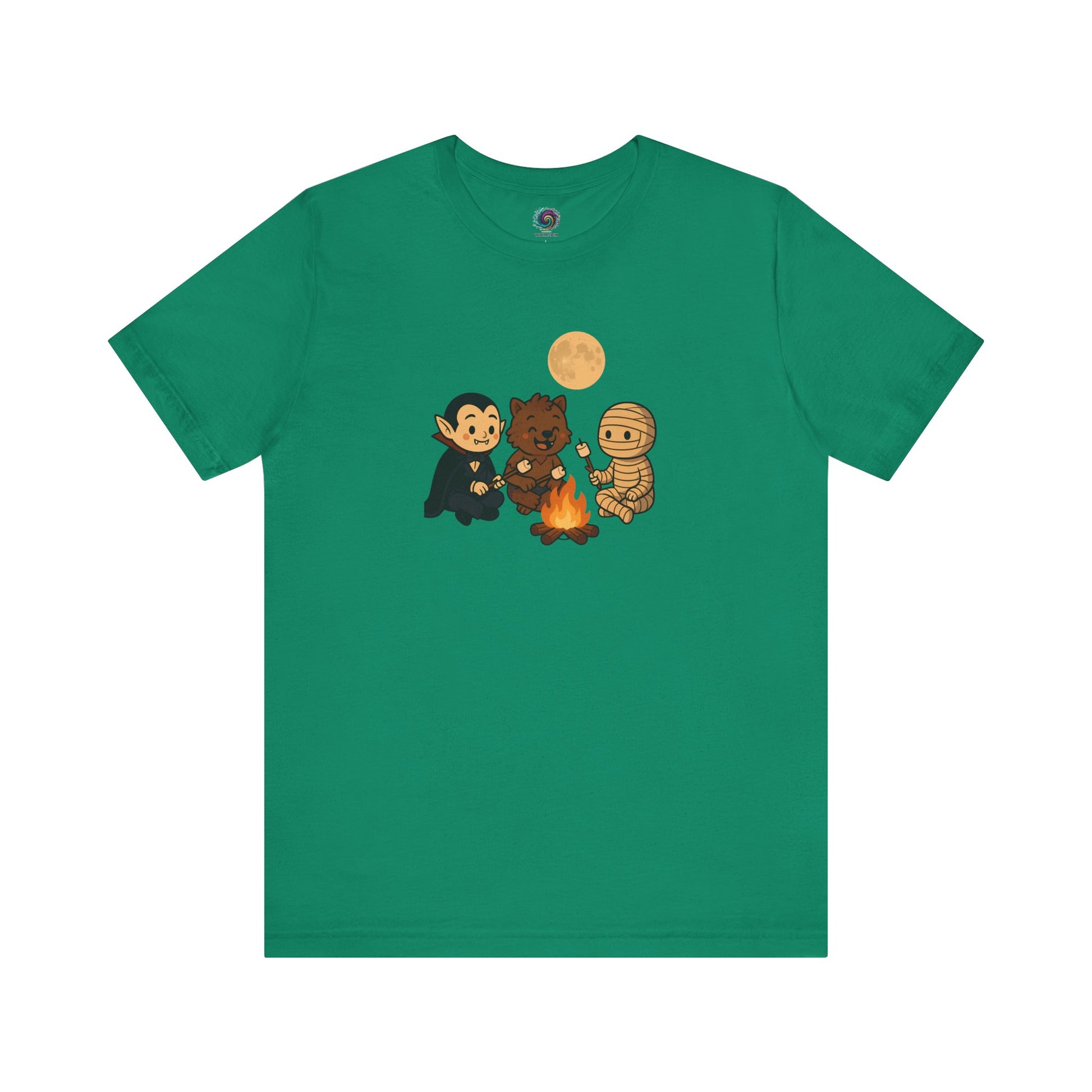 Halloween Monsters Campfire T-Shirt in Kelly showing a playful trio of costumed monsters roasting marshmallows in a cozy Halloween scene.