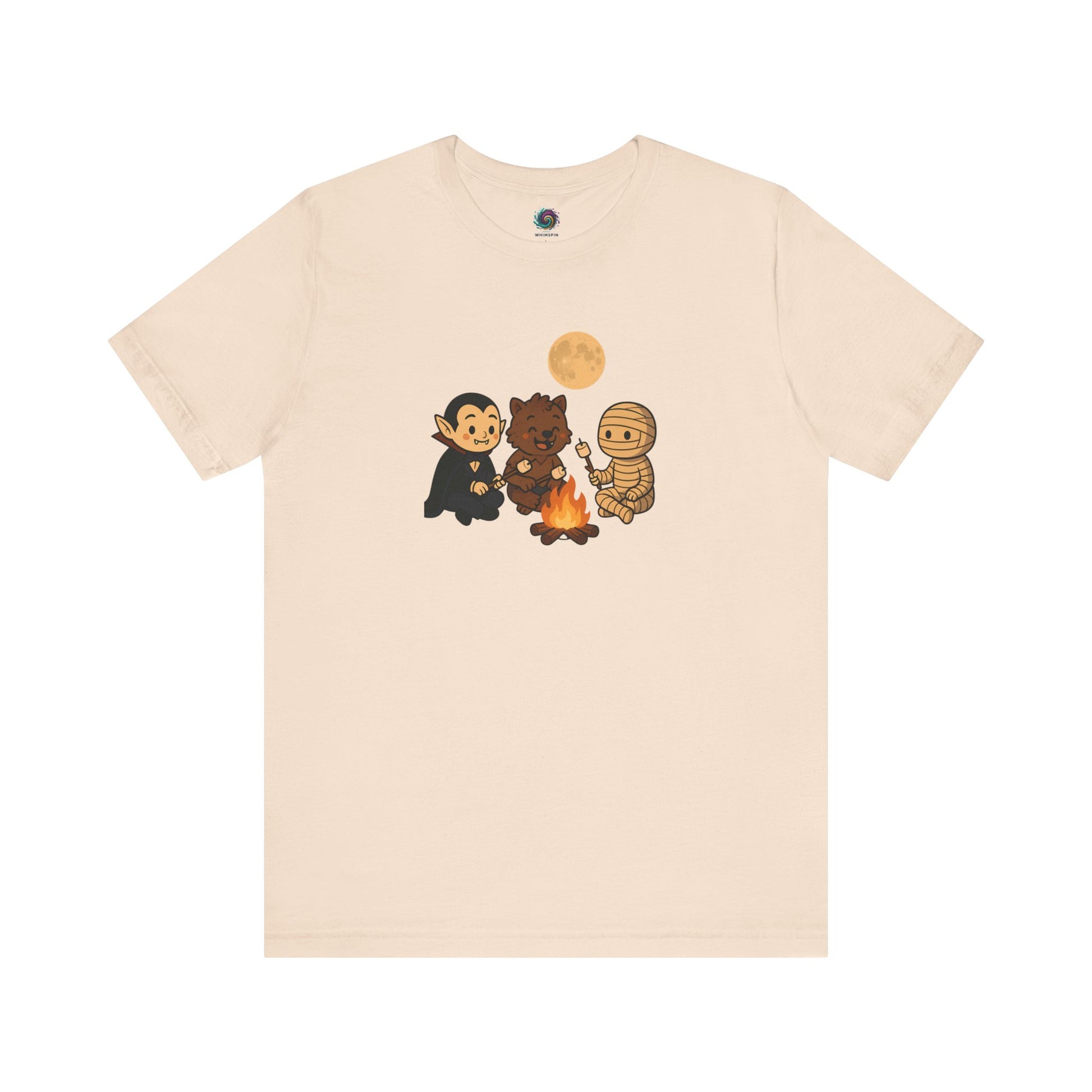 Halloween Monsters Campfire T-Shirt in sift cream by WhimSpin with a moonlit campfire illustration of a vampire, werewolf, and mummy roasting marshmallows.