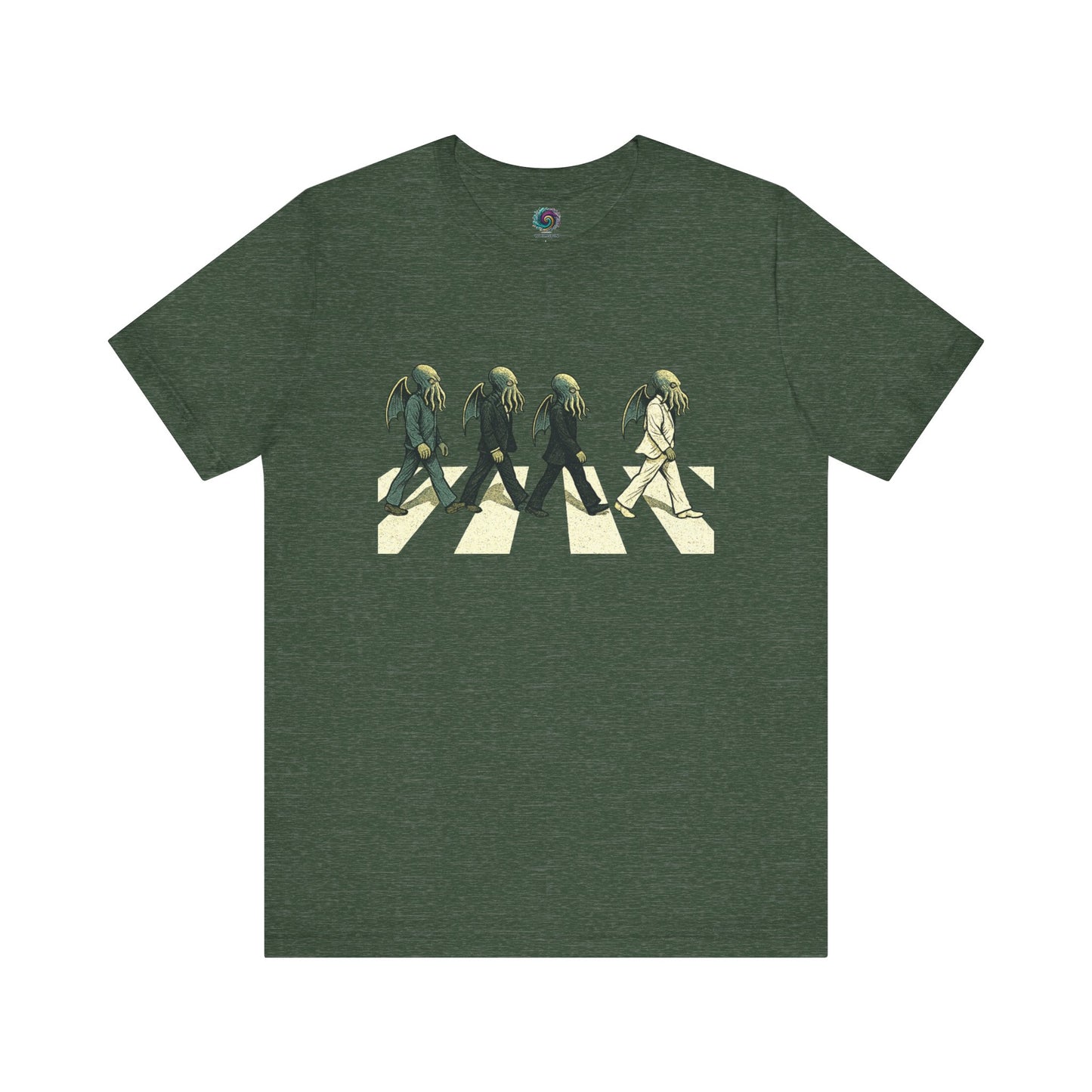 Cthulhu Crossing T-Shirt – Beatles Abbey Road Parody Tee in heather forest, flat lay parody shirt featuring Cthulhu rocker lineup.