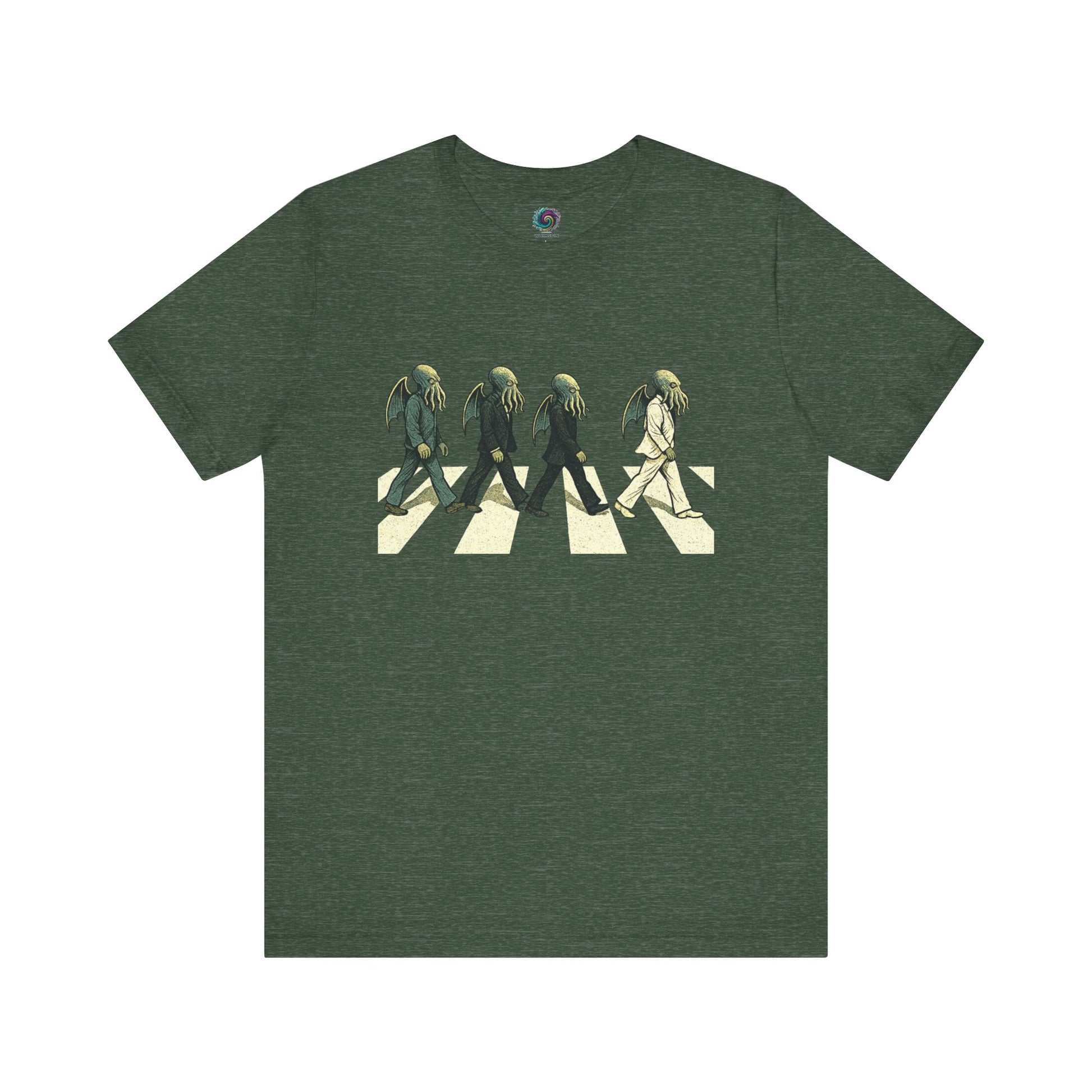 Cthulhu Crossing T-Shirt – Beatles Abbey Road Parody Tee in heather forest, flat lay parody shirt featuring Cthulhu rocker lineup.
