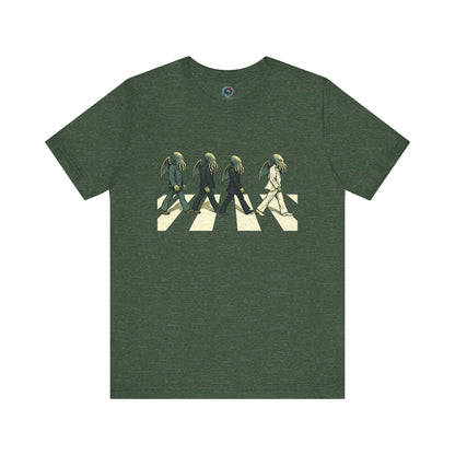 Cthulhu Crossing T-Shirt – Beatles Abbey Road Parody Tee in heather forest, flat lay parody shirt featuring Cthulhu rocker lineup.