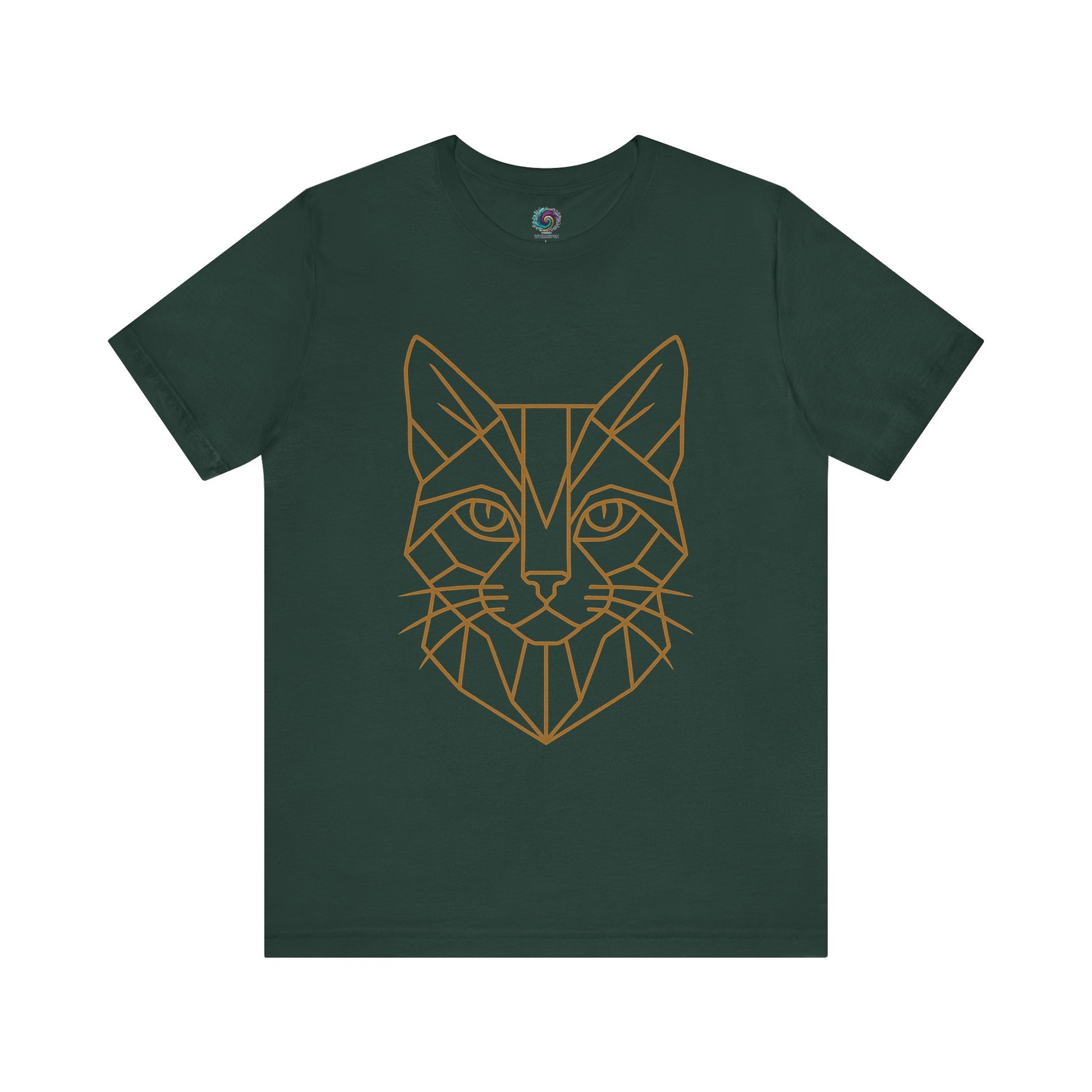 Dark green t shirt with a cat head drawn in geometric lines - Geometric Geometric Cat T-Shirt – Minimalist Line Art Tee from Whimspin
