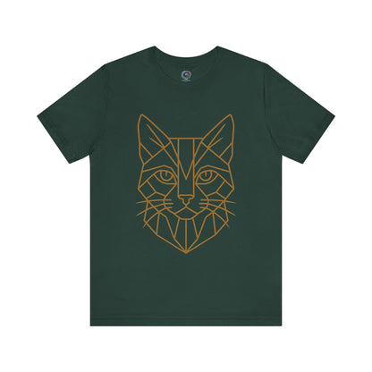 Dark green t shirt with a cat head drawn in geometric lines - Geometric Geometric Cat T-Shirt – Minimalist Line Art Tee from Whimspin