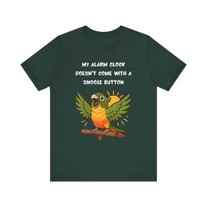 Parrot Alarm Clock T-Shirt – Funny Parrot Wake-Up Call Tee in Forest green, highlighting the colorful parrot artwork, bright accent lines, and playful wake-up call phrase displayed clearly on the fabric.