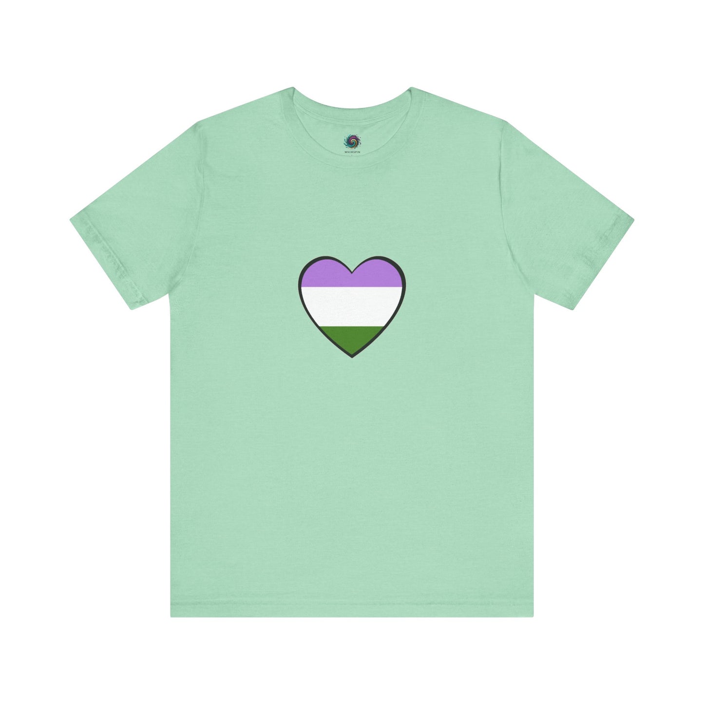 Genderqueer Flag Heart T-Shirt – Unisex LGBTQ+ Graphic Tee in heather mint featuring genderqueer heart graphic, perfect for expressing identity with subtle color and style.