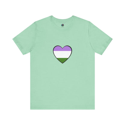 Genderqueer Flag Heart T-Shirt – Unisex LGBTQ+ Graphic Tee in heather mint featuring genderqueer heart graphic, perfect for expressing identity with subtle color and style.