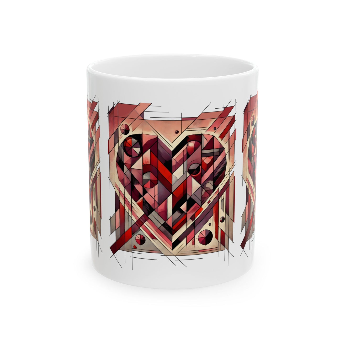 Cubist Heart Mug – Modern Art Valentine's Day Ceramic Coffee Cup (11oz/15oz) photographed straight-on in the 11oz size, showcasing the full cubist heart artwork in rich red and neutral tones.