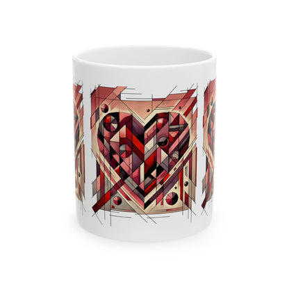 Cubist Heart Mug – Modern Art Valentine's Day Ceramic Coffee Cup (11oz/15oz) photographed straight-on in the 11oz size, showcasing the full cubist heart artwork in rich red and neutral tones.