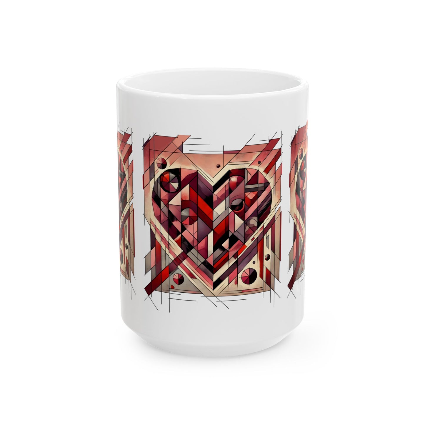 Cubist Heart Mug – Modern Art Valentine's Day Ceramic Coffee Cup (11oz/15oz) straight-on 15oz view featuring the modern art cubist heart design with rich red tones.