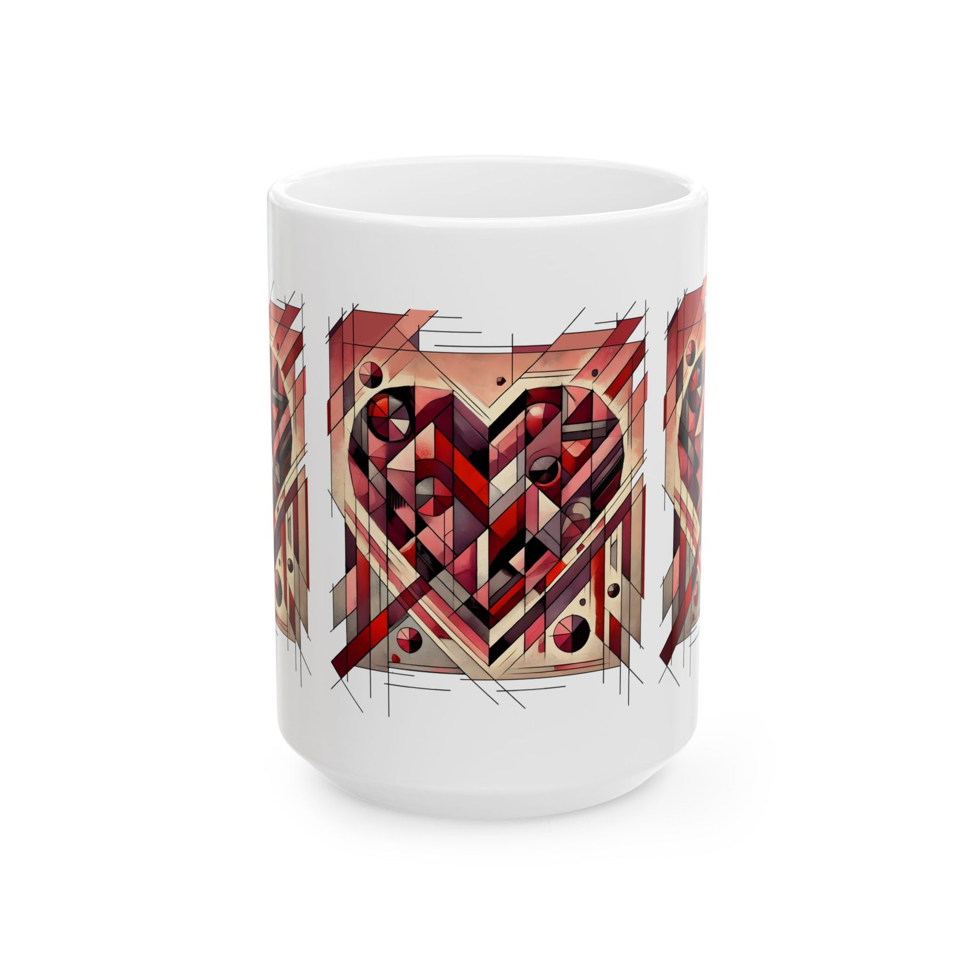 Cubist Heart Mug – Modern Art Valentine's Day Ceramic Coffee Cup (11oz/15oz) straight-on 15oz view featuring the modern art cubist heart design with rich red tones.