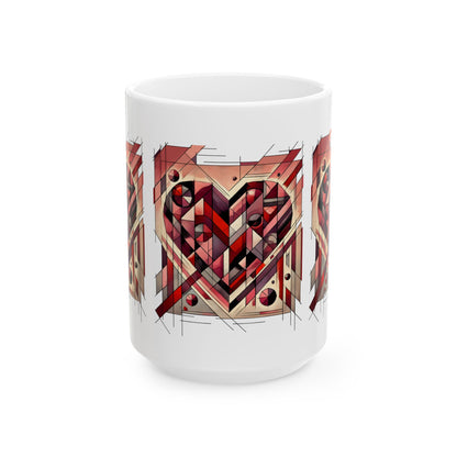 Cubist Heart Mug – Modern Art Valentine's Day Ceramic Coffee Cup (11oz/15oz) straight-on 15oz view featuring the modern art cubist heart design with rich red tones.