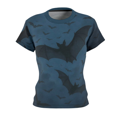 Flat lay of the Bats in the Sky Women’s AOP Shirt – Night Sky Bat All-Over Print, highlighting the moonlit bats flying across a deep sky design.