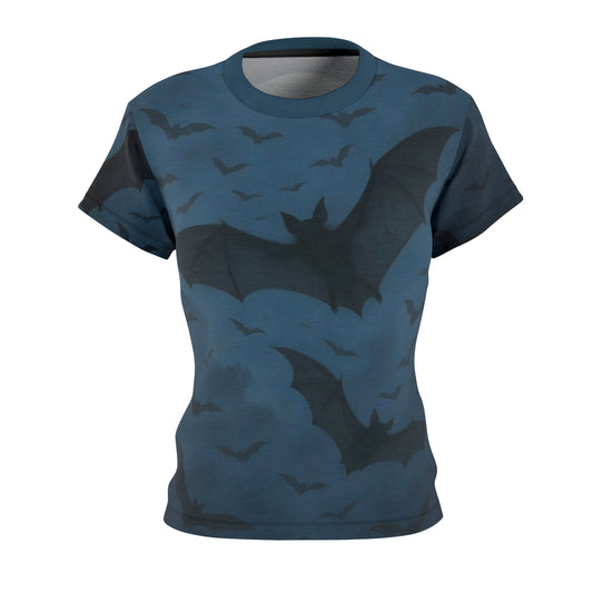 Flat lay of the Bats in the Sky Women’s AOP Shirt – Night Sky Bat All-Over Print, highlighting the moonlit bats flying across a deep sky design.