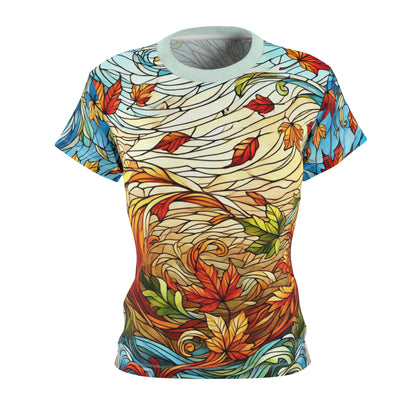 Stained Glass Autumn Leaves AOP Women’s Shirt – Art Deco Fall Tee, showing a vibrant design with swirling stained glass lines and autumn leaves in rich fall colors.