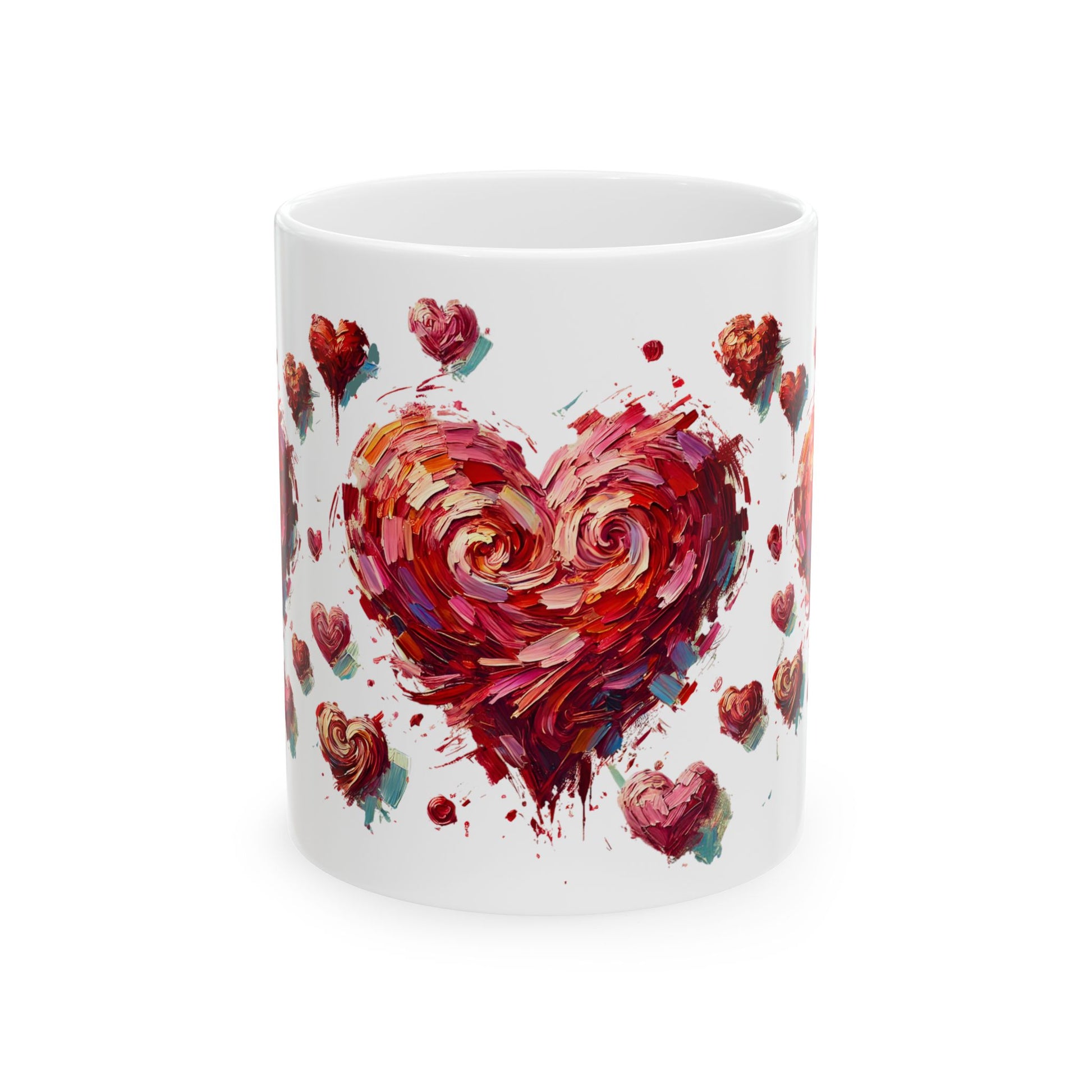 Impressionistic Heart Mug – Artistic Valentine's Day Coffee Cup 11oz & 15 oz photographed from the front in the 11oz size, showcasing the painterly heart design with rich red tones and artistic movement.