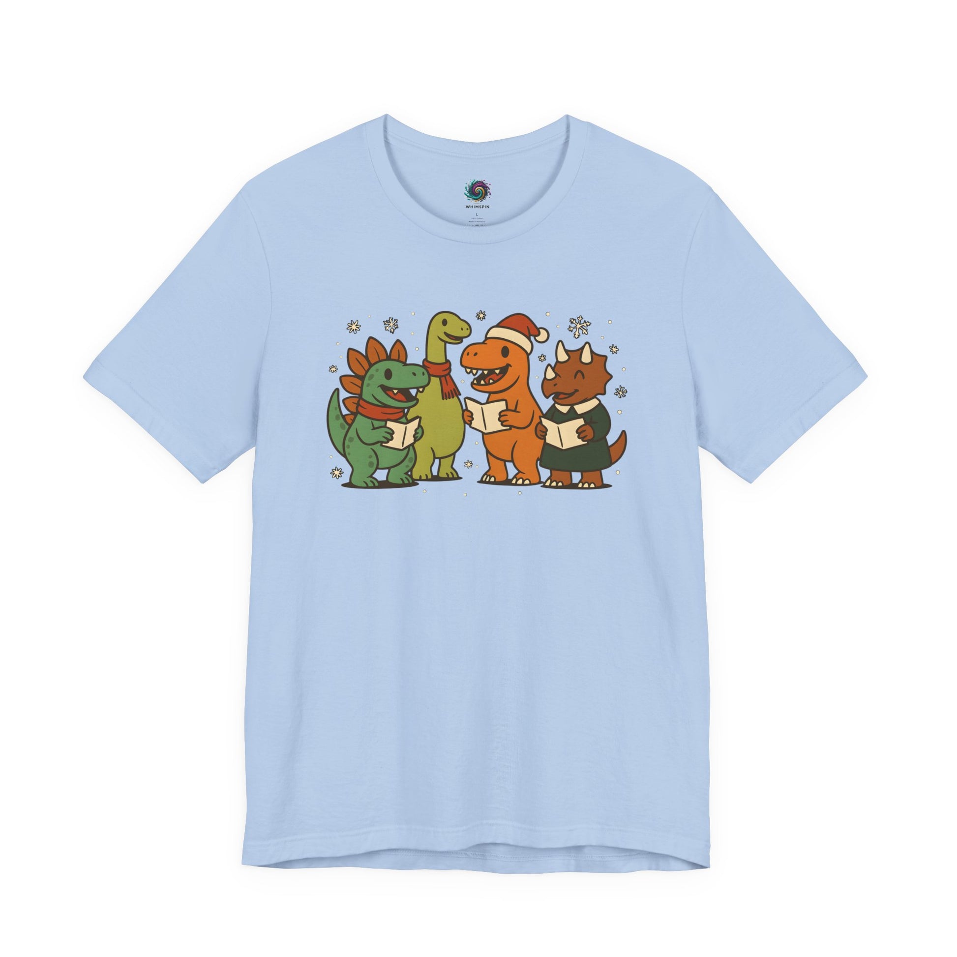 Dinosaur Carolers T-Shirt – Cute Dino Christmas Singing Tee in baby blue with four dinosaurs dressed for the holidays
