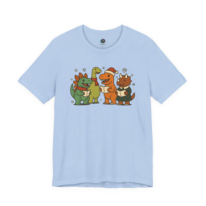 Dinosaur Carolers T-Shirt – Cute Dino Christmas Singing Tee in baby blue with four dinosaurs dressed for the holidays