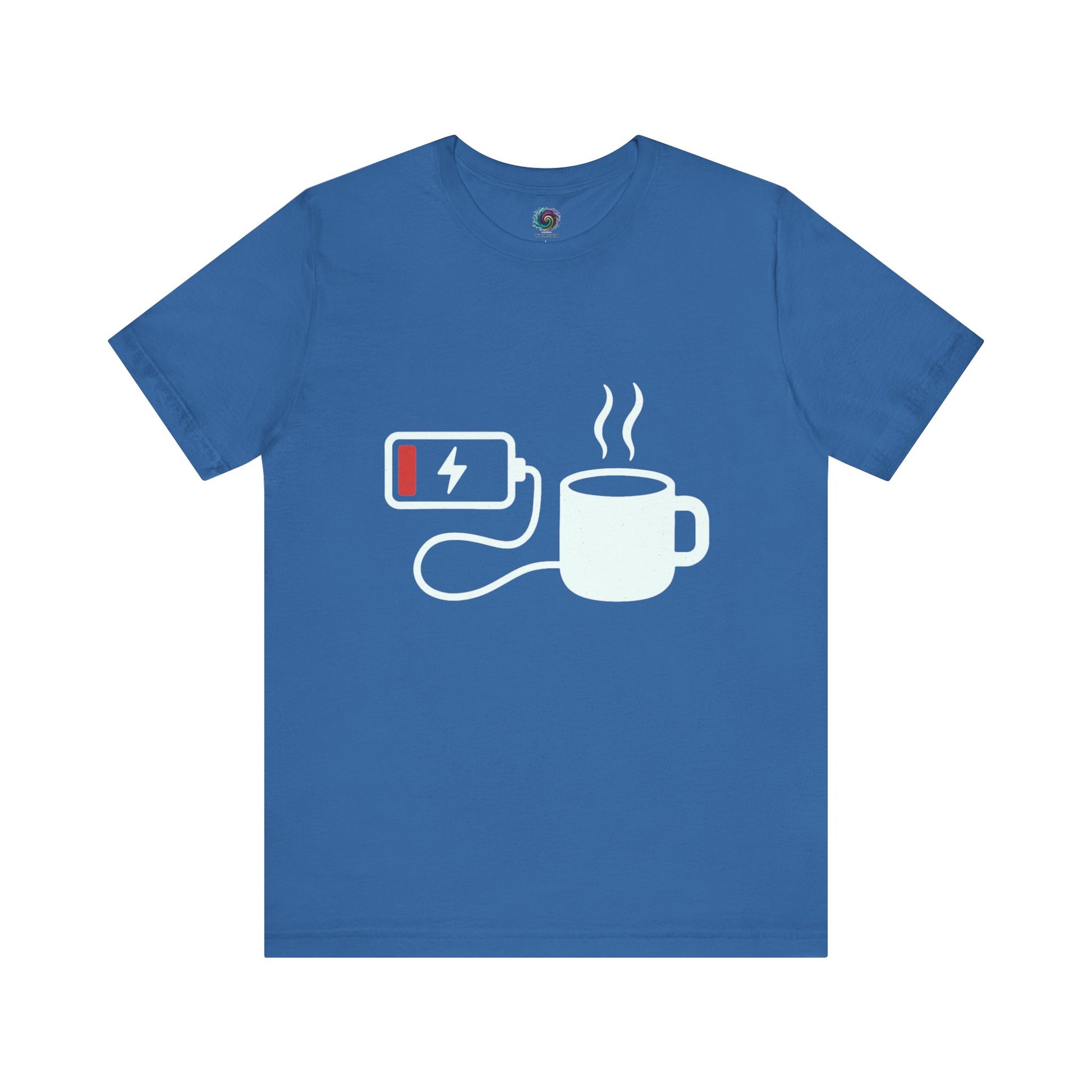 Low Battery Need Coffee T-Shirt in Columbia blue, featuring low battery humor with bold contrast.