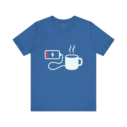 Low Battery Need Coffee T-Shirt in Columbia blue, featuring low battery humor with bold contrast.