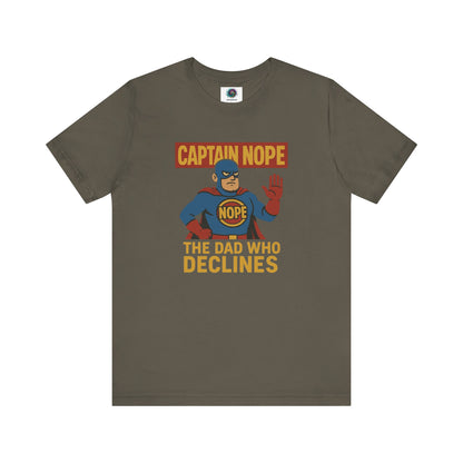 Captain Nope Dad Shirt in army green with bold comic superhero graphic, perfect for the dad who always says no with style.