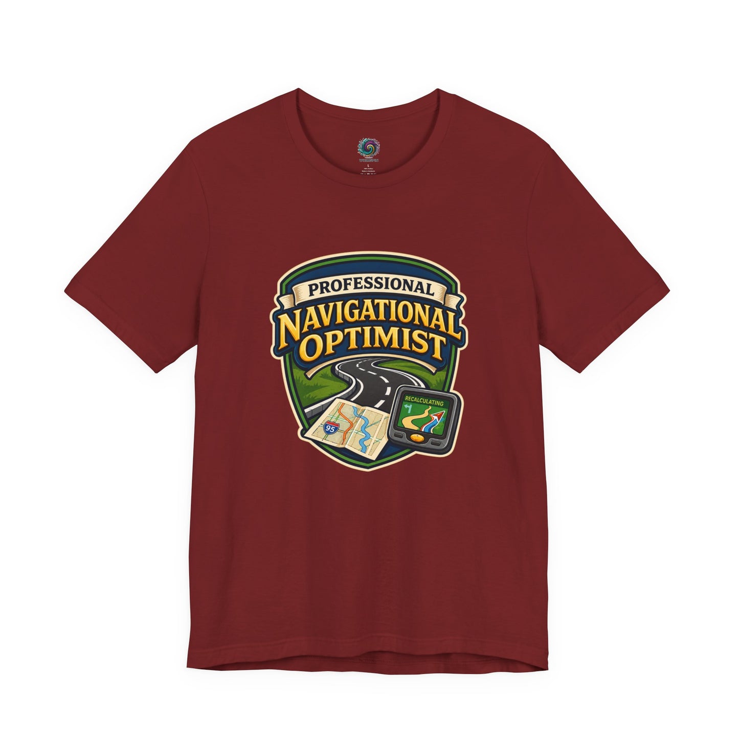 Cardinal Professional Navigation Optimist Tee featuring playful travel humor and “Professional Navigational Optimist” slogan
