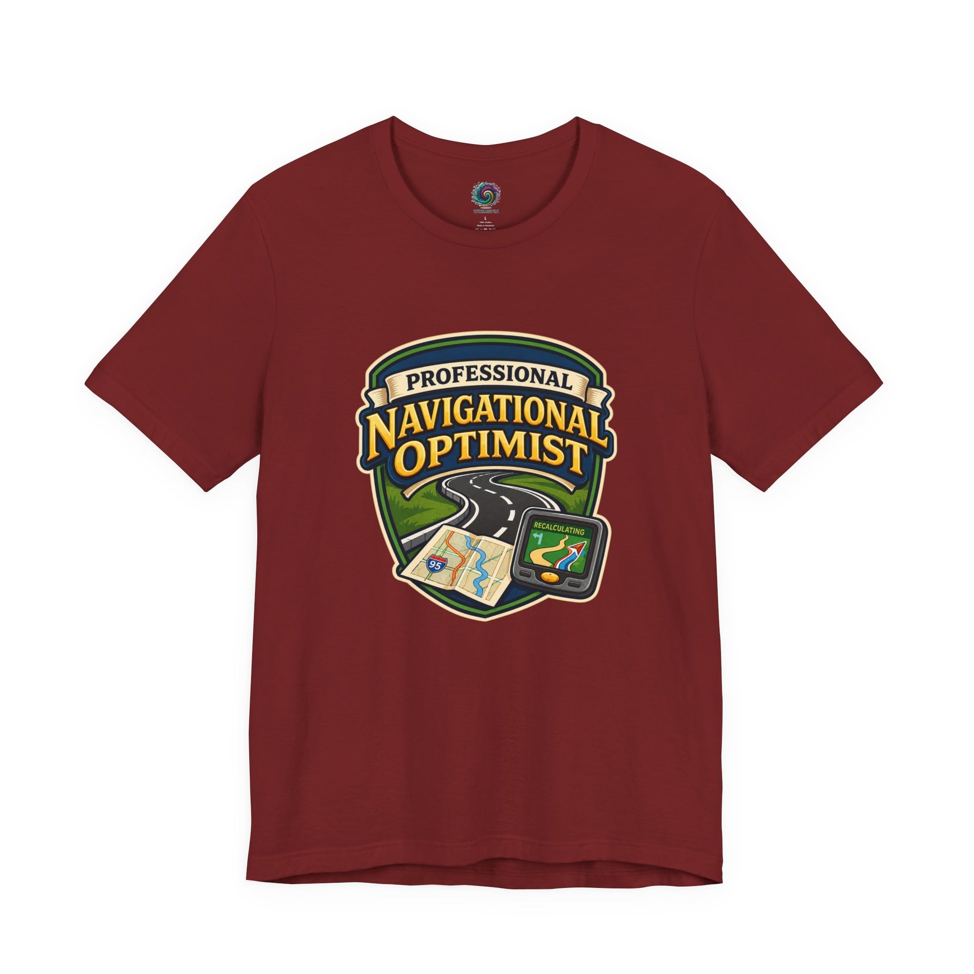 Cardinal Professional Navigation Optimist Tee featuring playful travel humor and “Professional Navigational Optimist” slogan