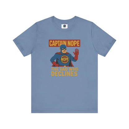 Captain Nope Dad Shirt in steel blue, with vintage comic artwork for the superhero of fatherly disapproval.