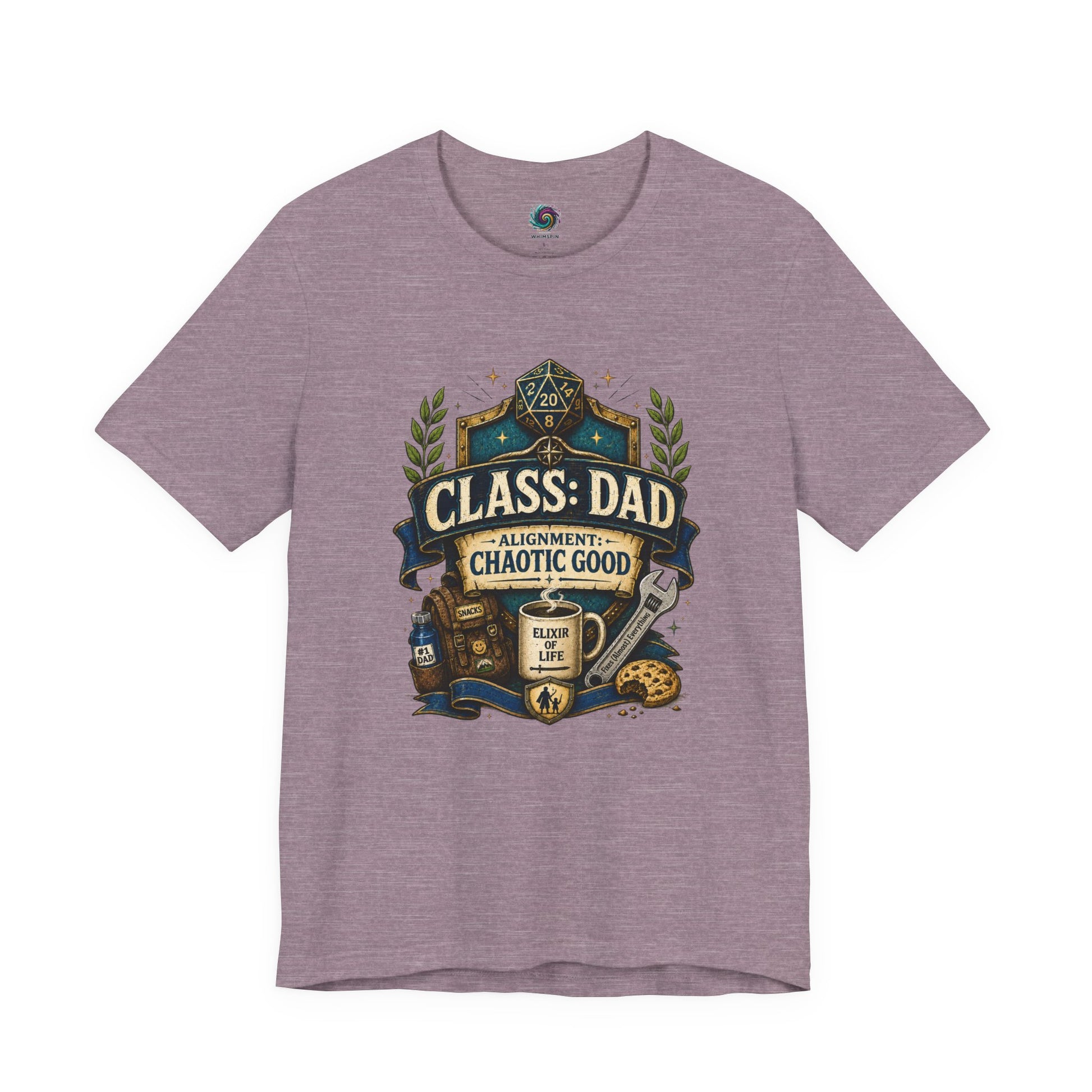 Heather Purple Chaotic Good Dad T-Shirt showcasing fantasy RPG inspired “Class: Dad” artwork with chaotic good humor