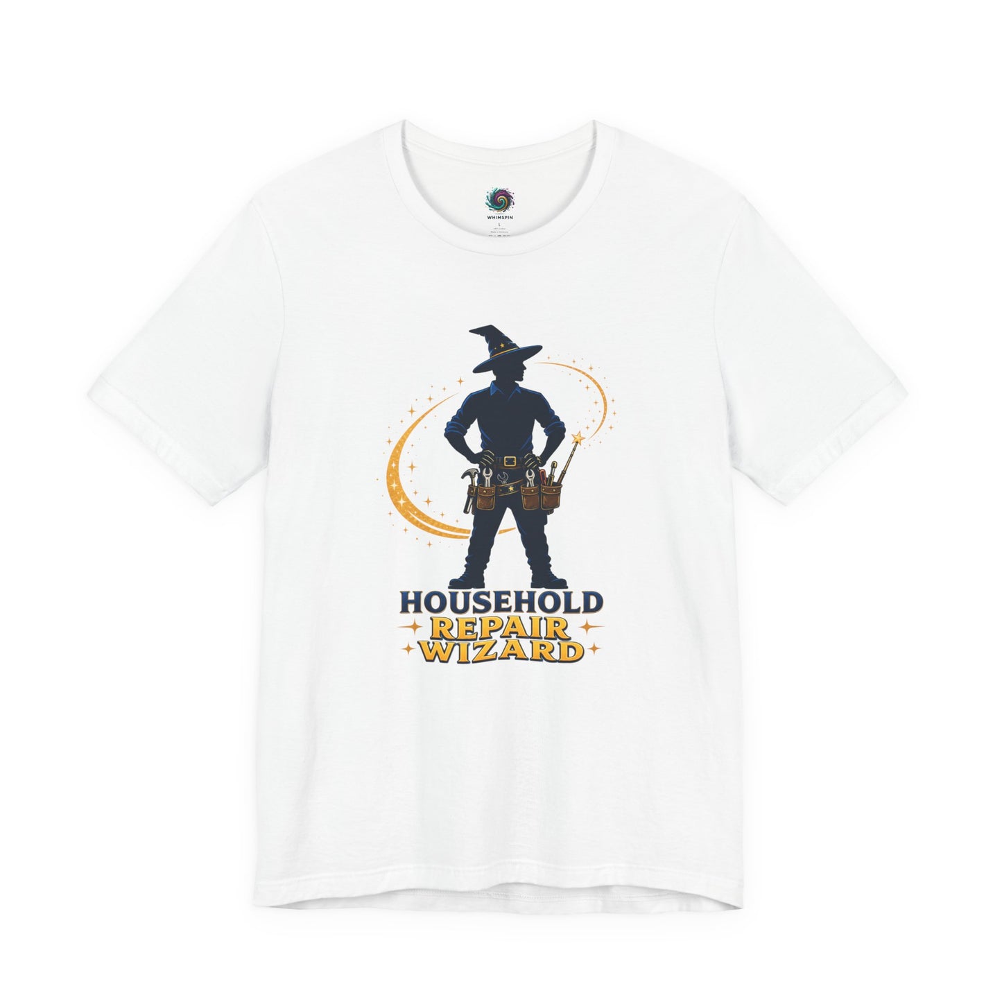 White Household Repair Wizard T-Shirt featuring magical repair wizard character artwork with fantasy-inspired lettering