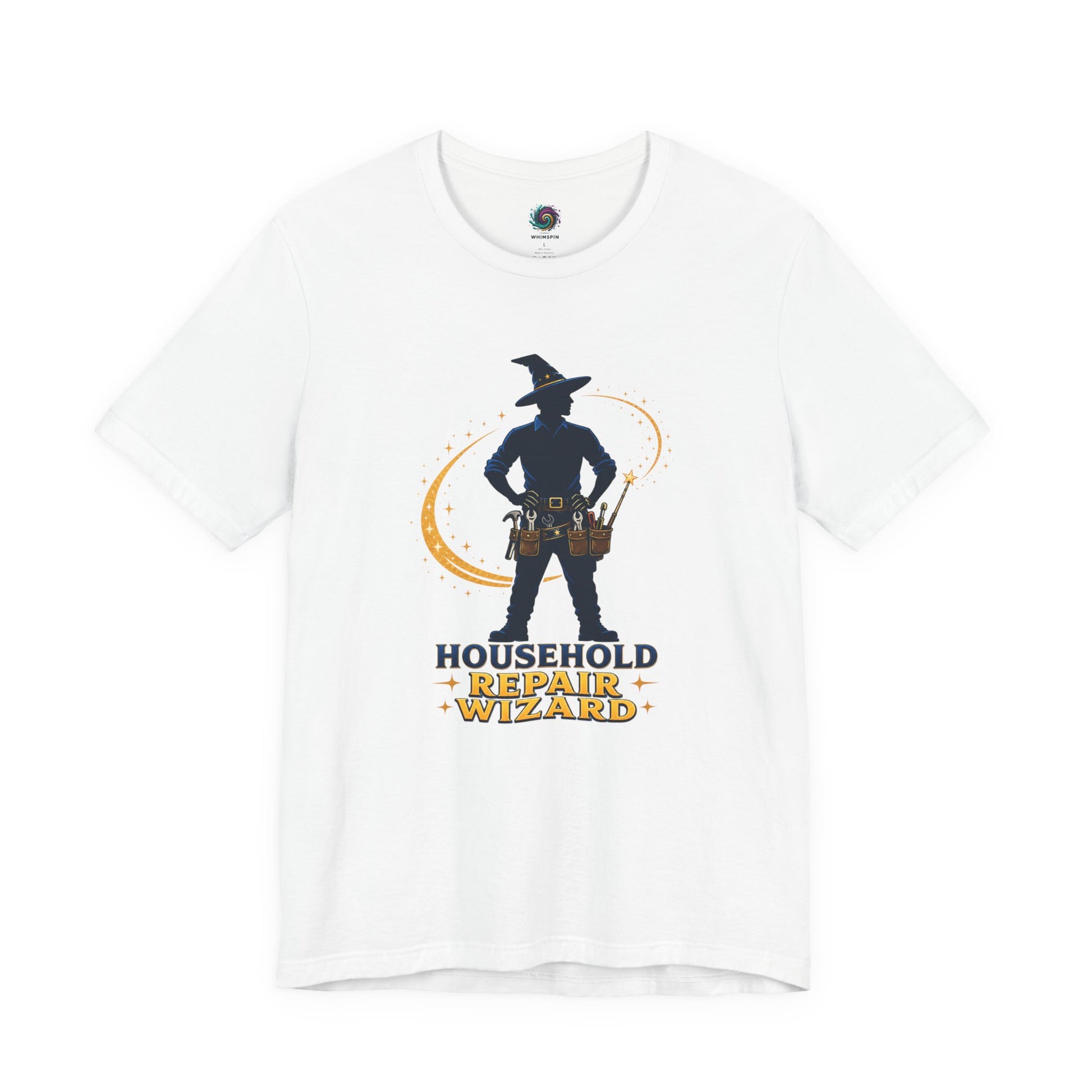 White Household Repair Wizard T-Shirt featuring magical repair wizard character artwork with fantasy-inspired lettering