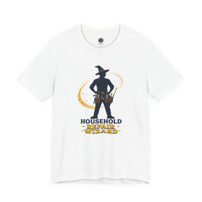 White Household Repair Wizard T-Shirt featuring magical repair wizard character artwork with fantasy-inspired lettering