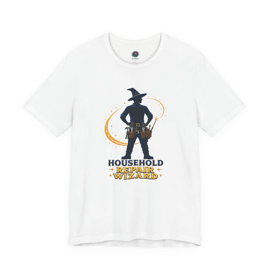White Household Repair Wizard T-Shirt featuring magical repair wizard character artwork with fantasy-inspired lettering