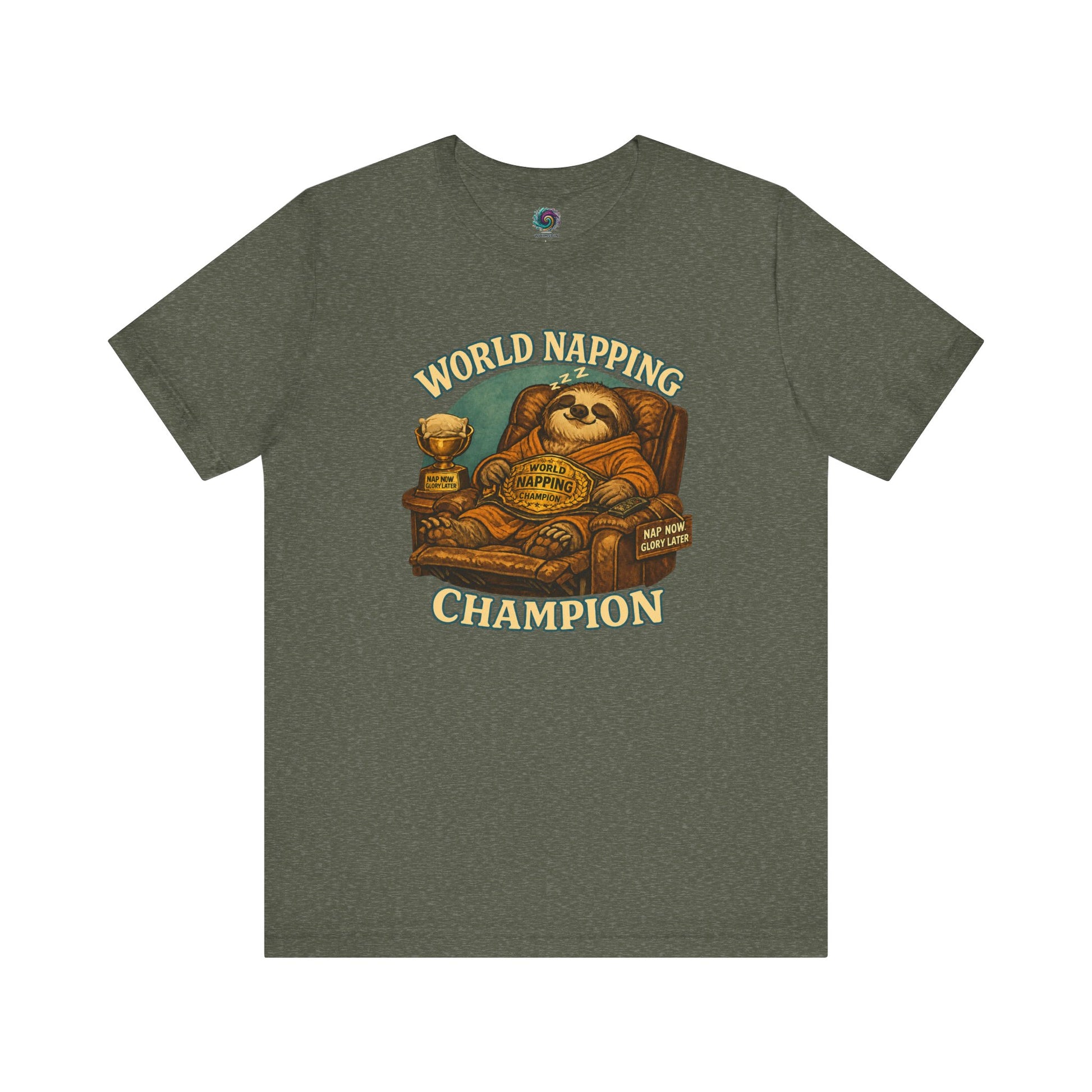 Heather Military Green World Napping Champion T-Shirt with sleepy sloth holding championship belt beside nap trophy