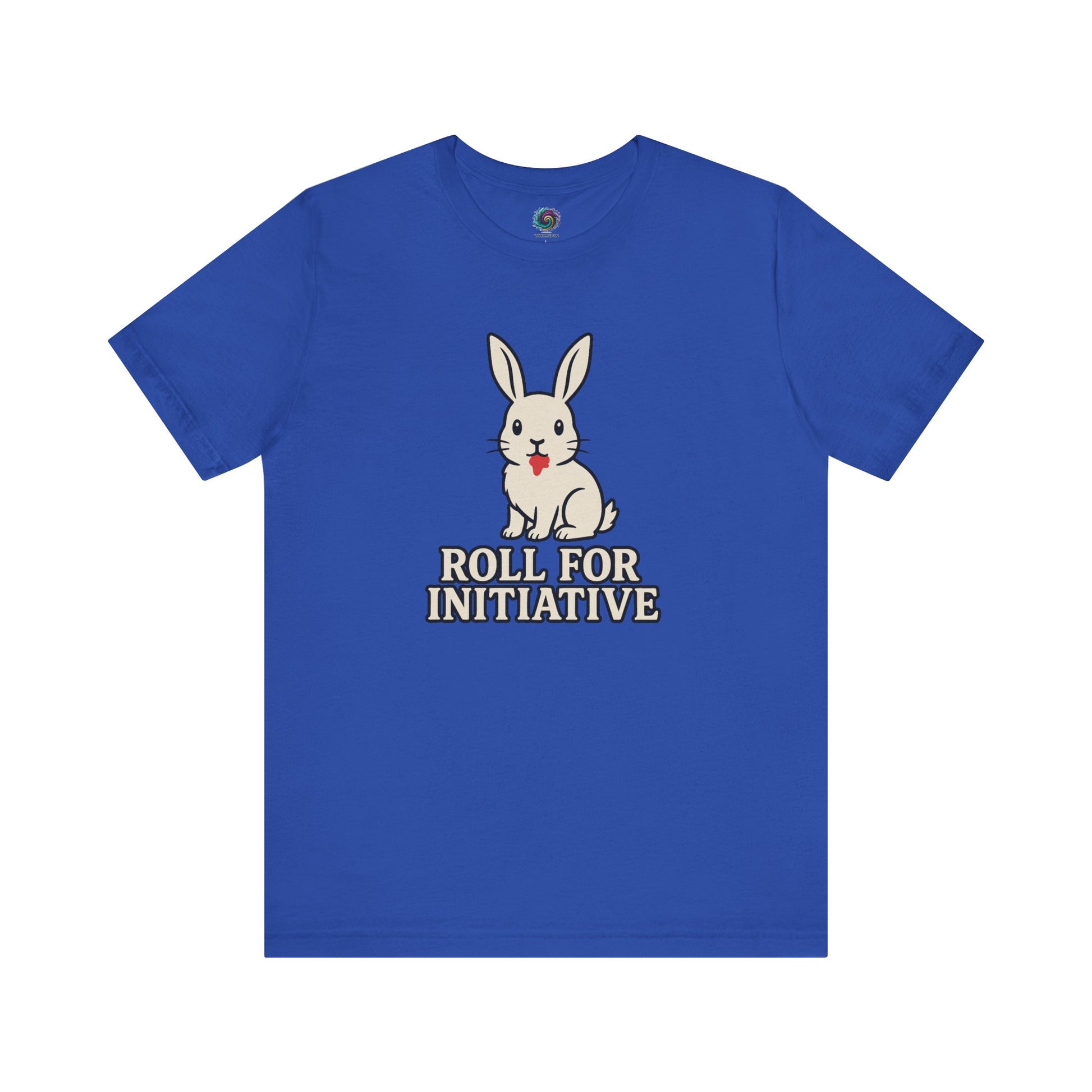 Roll for Initiative T-Shirt – Killer Bunny Humor Gaming Tee in true royal blue, ideal for fans of fantasy battles and dark humor