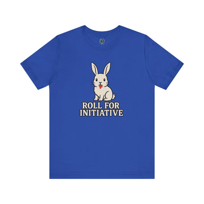 Roll for Initiative T-Shirt – Killer Bunny Humor Gaming Tee in true royal blue, ideal for fans of fantasy battles and dark humor